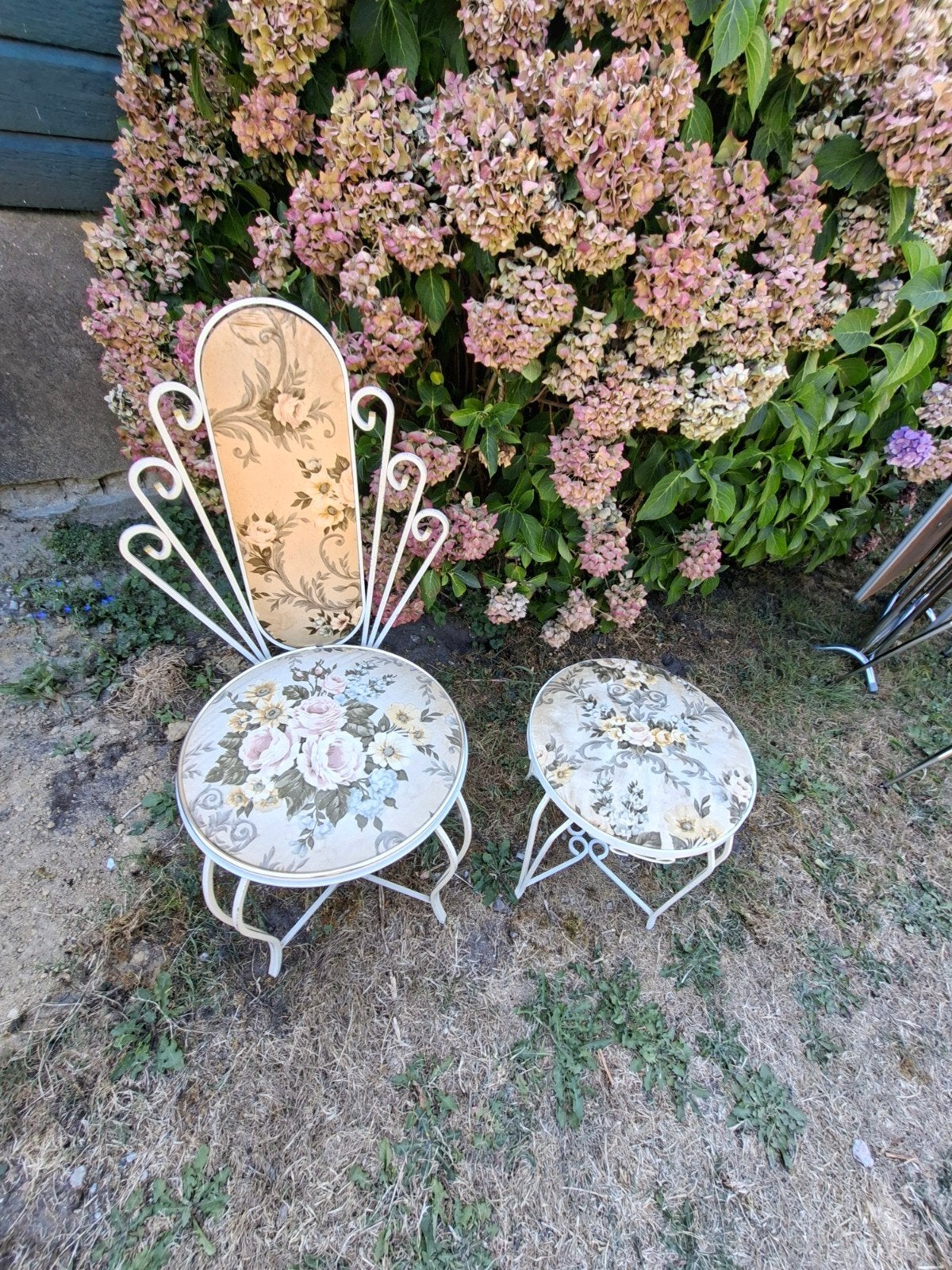 Retro kaptafel stoeltje en krukje met bloemenprint, Ophalen, Gebruikt, Twee, Overige kleuren