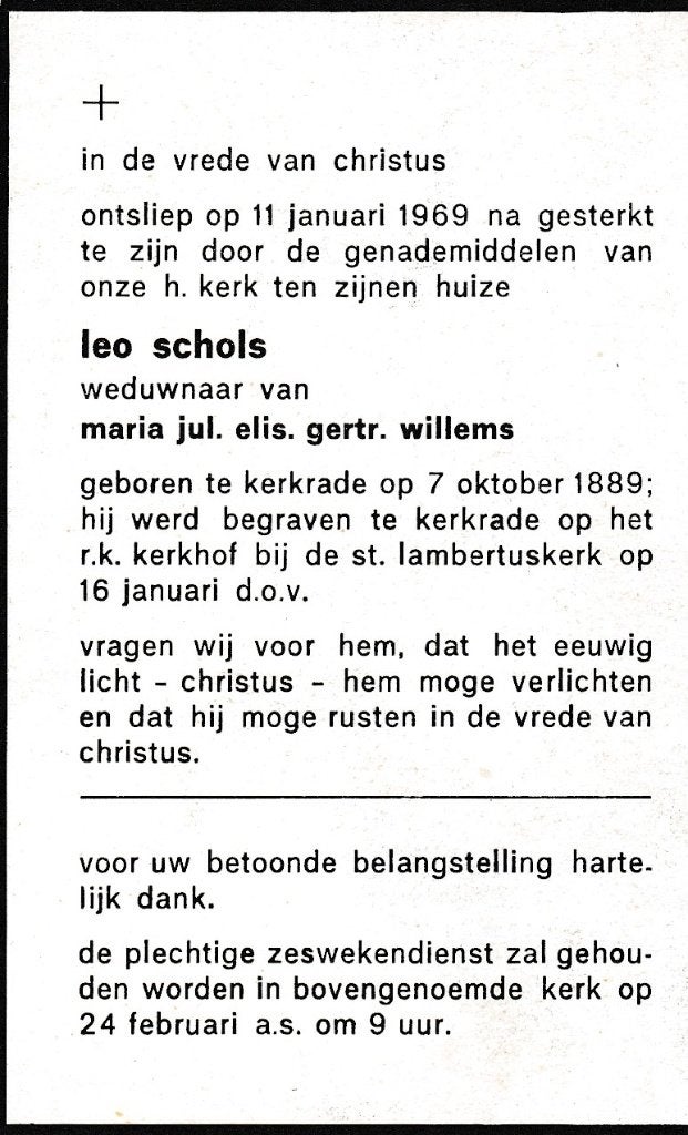 Schols Leo 1889 Kerkrade 1969, Verzamelen, Bidprentjes en Rouwkaarten, Ophalen, Bidprentje