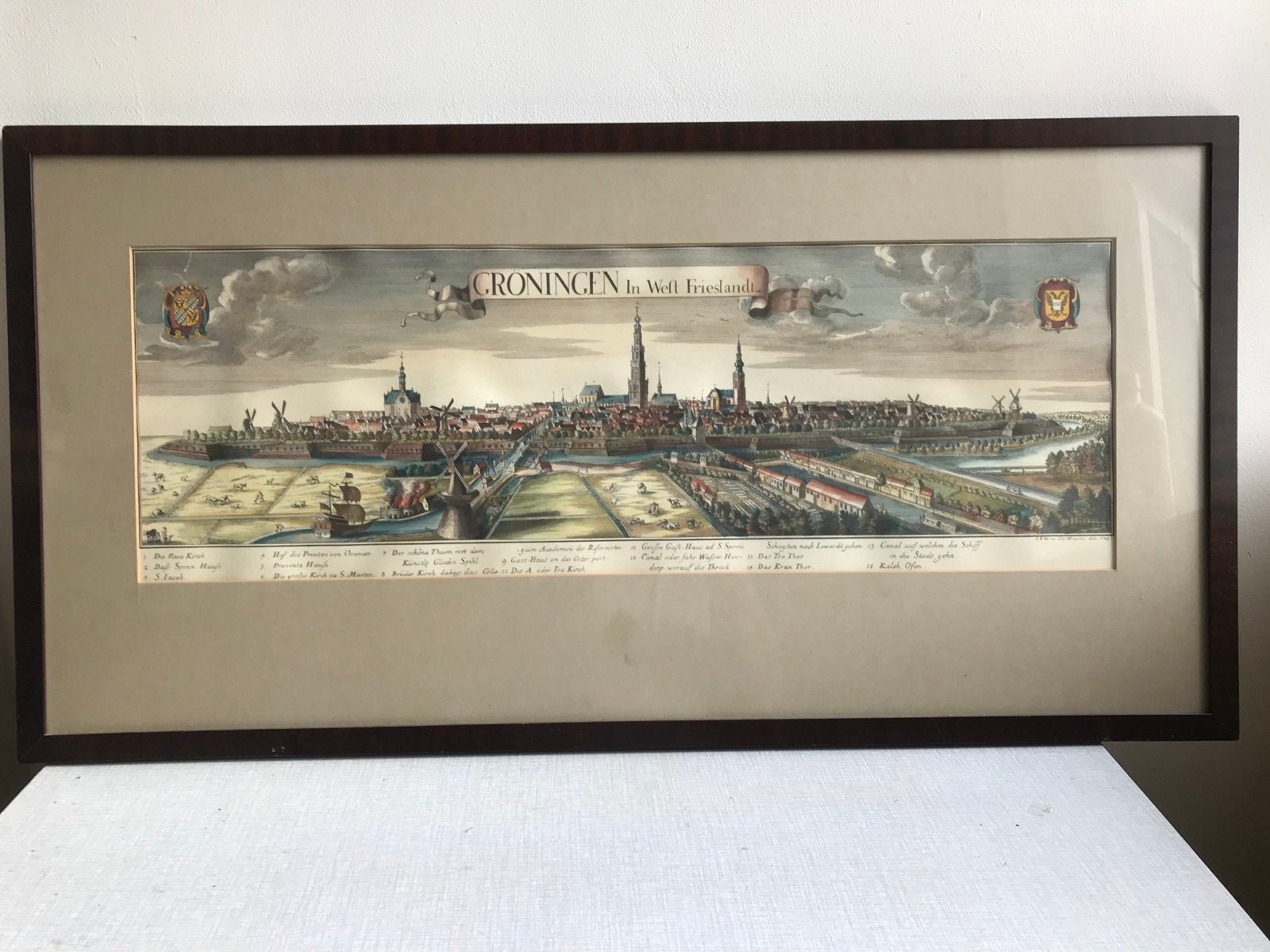 Antieke ingekleurde ets van Groningen, F.B. Werner 1729, Ophalen, Handgekleurd, Ets, Stadsgezicht