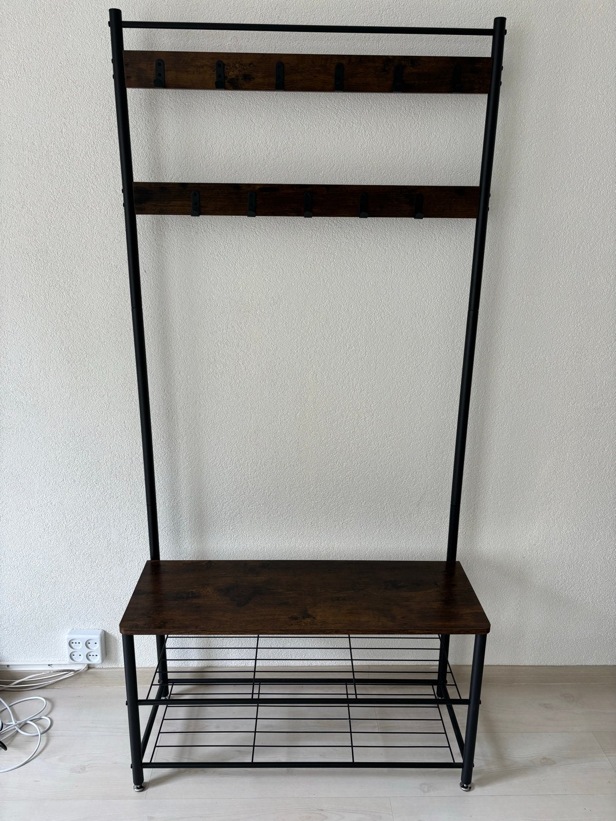 Kapstok met schoenenrek en zitbankje - Industrieel design, Huis en Inrichting, Ophalen, Zo goed als nieuw, Metaal, Staande kapstok