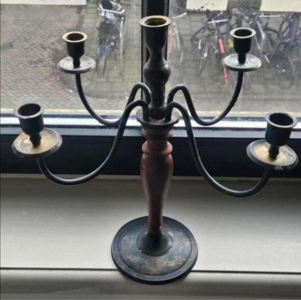 Antieke kandelaar met 5 armen - Koper en Hout, Ophalen, Koper of Brons