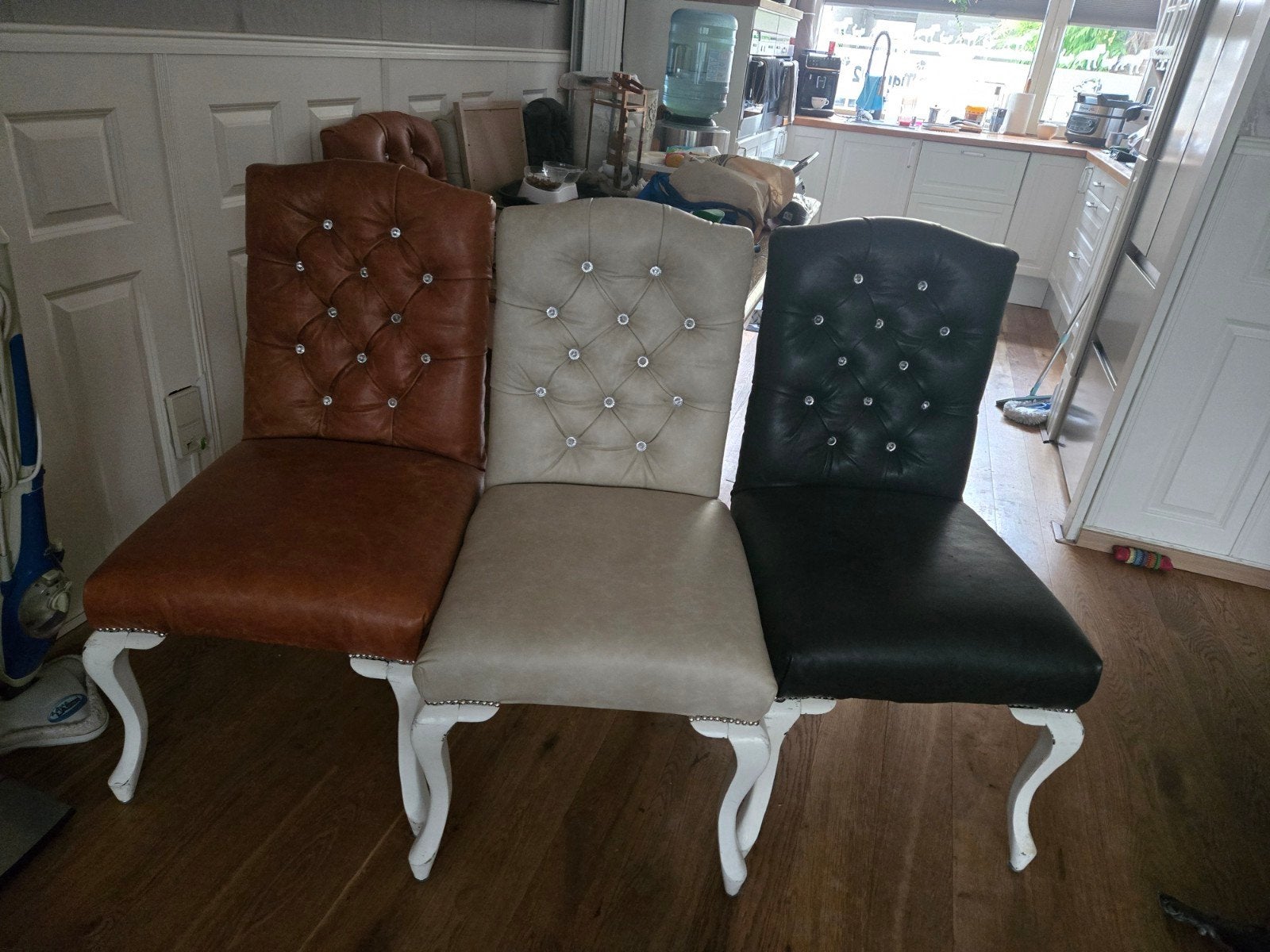 6 leren eetkamerstoelen gecapituneerd+ tafel, Huis en Inrichting, Stoelen, Ophalen, Gebruikt, Bruin, Vier