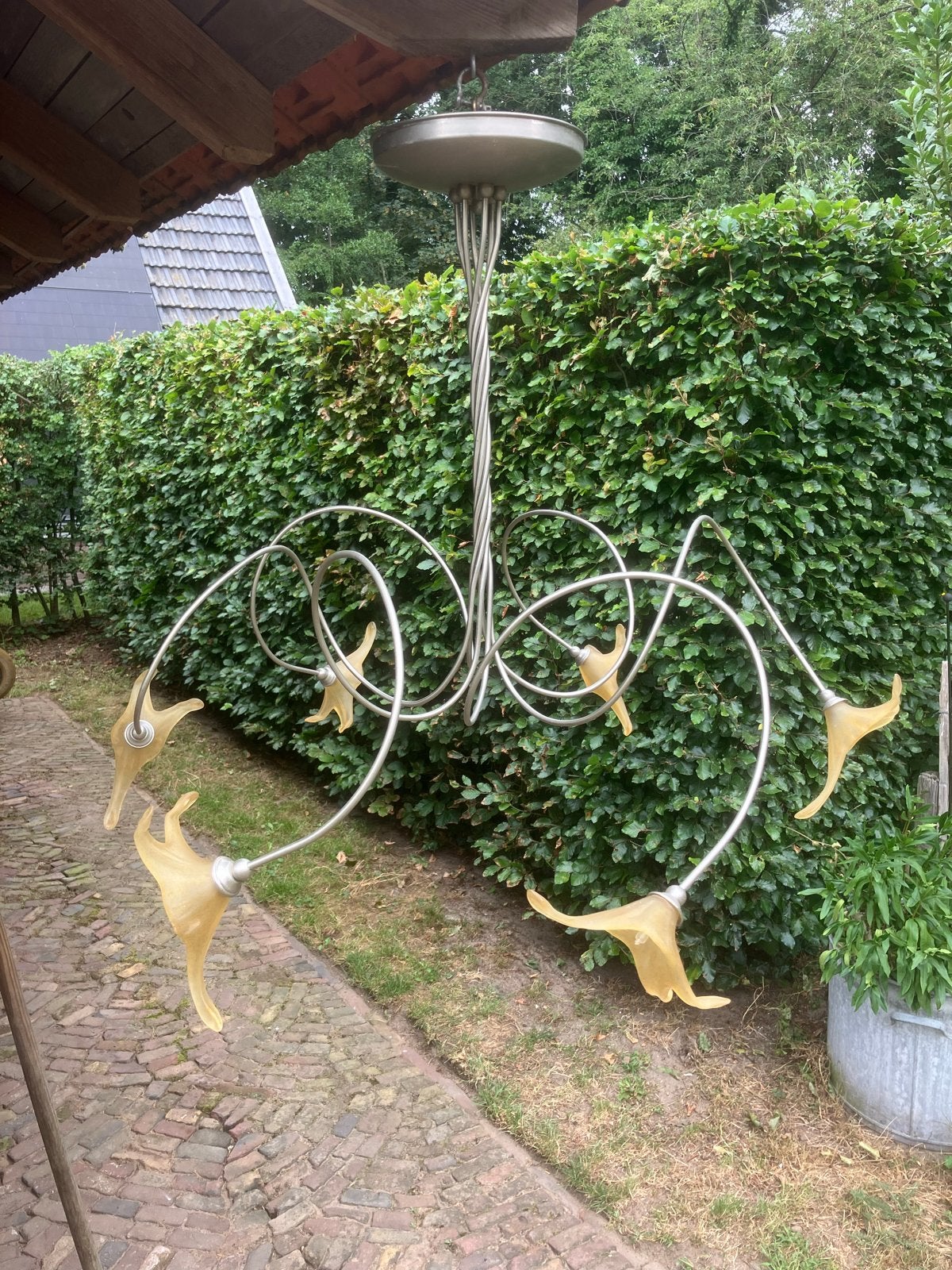 Design hanglamp met glazen leeuwenbekjes - 80 cm hoog, Ophalen of Verzenden, Gebruikt, Glas, E14 (klein)