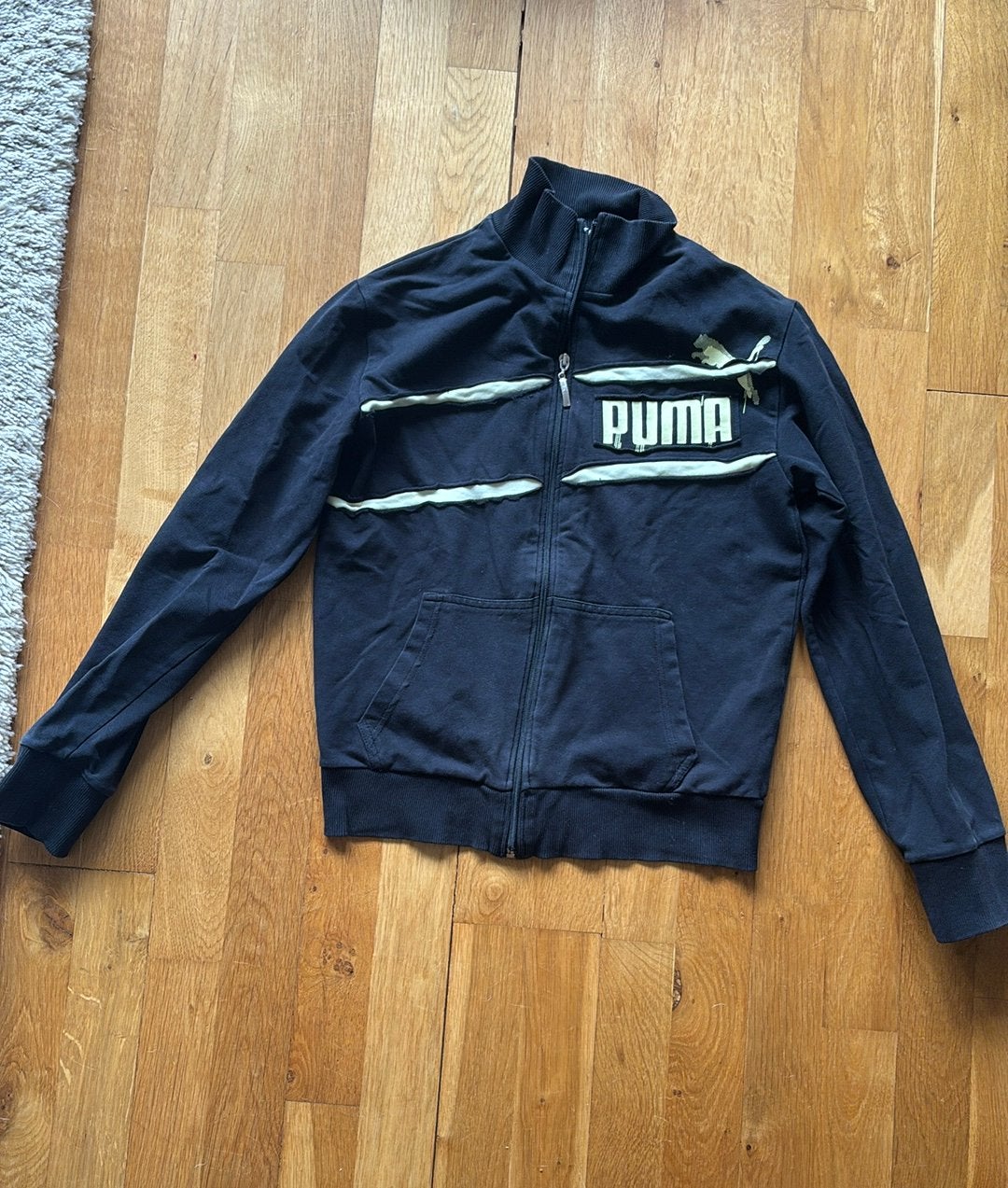 Vintage Puma trainingsjack zwart lichtgele strepen mt 152, Ophalen of Verzenden, Zo goed als nieuw, Jongen of Meisje, Sport- of Zwemkleding