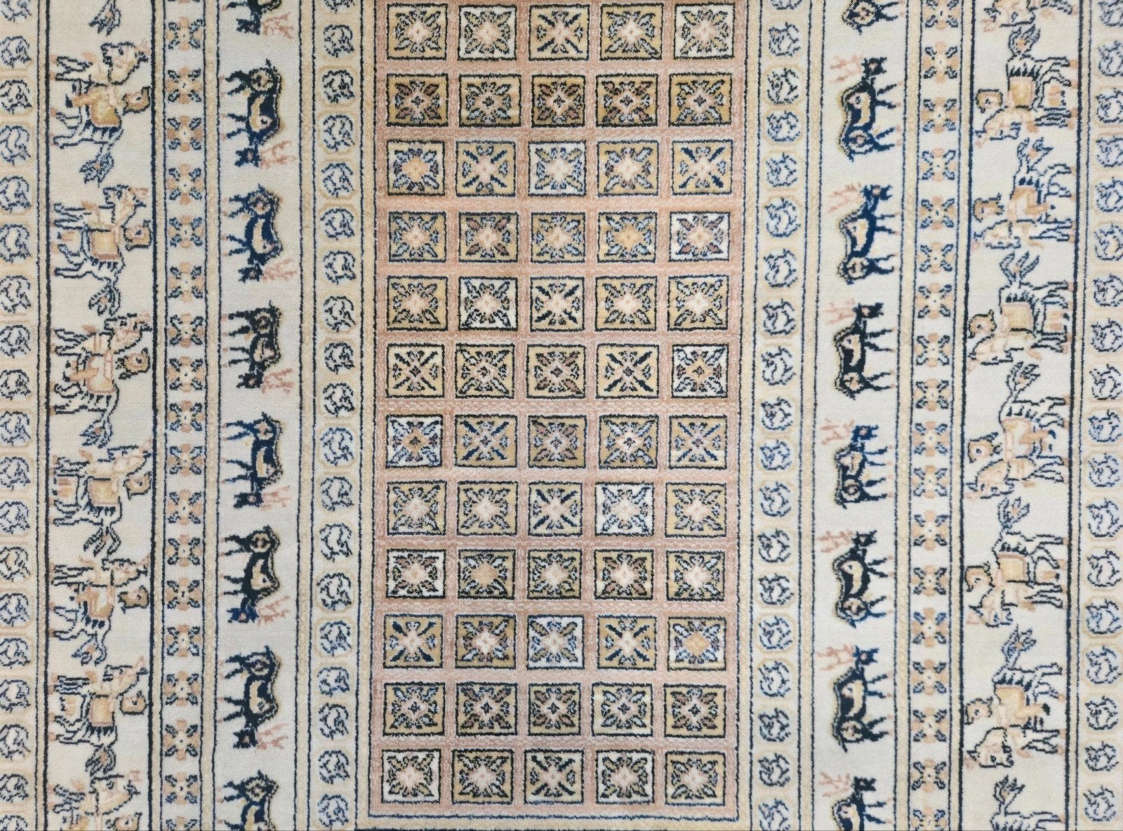 Vintage Perzisch wol Pazyryk Samarkand vloerkleed 140x200cm, Oosters, Klassiek, Dierenmotief, Geel, 150 tot 200 cm, 200 cm of meer