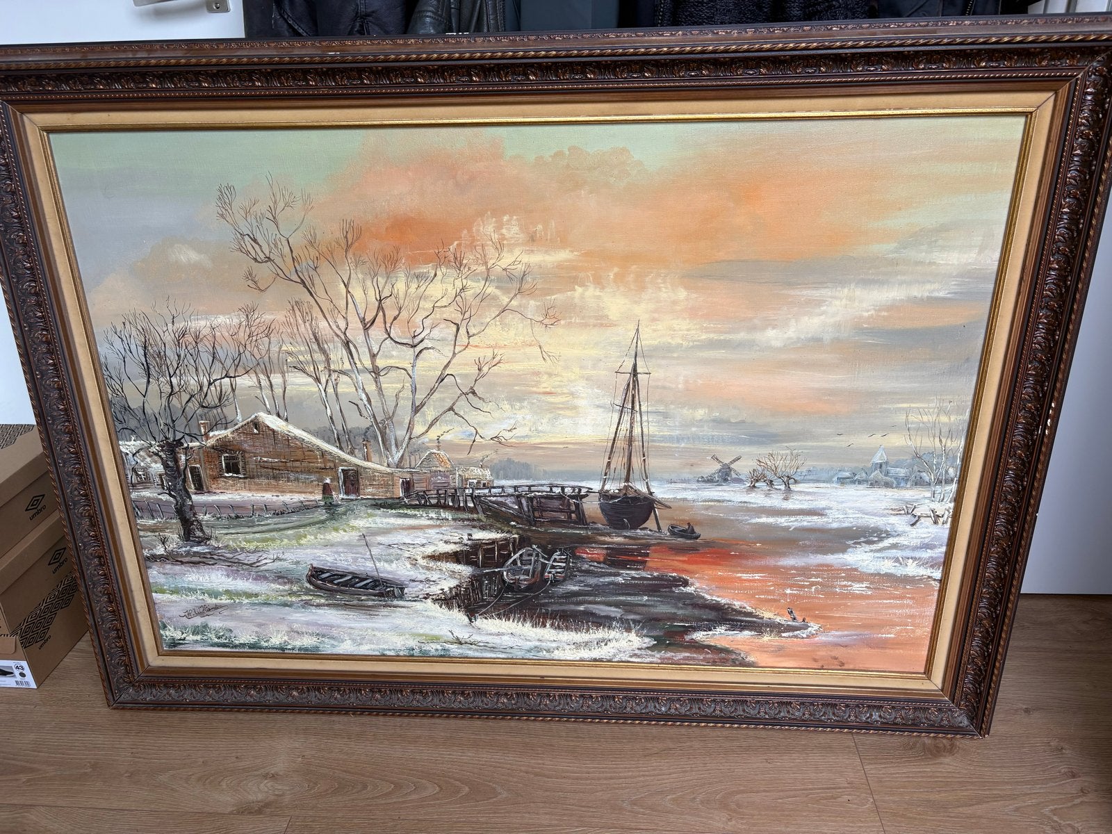 Groot olieverf schilderij van Hiemstra, winterlandsch, Ophalen, Doek, Realistisch, Gesigneerd