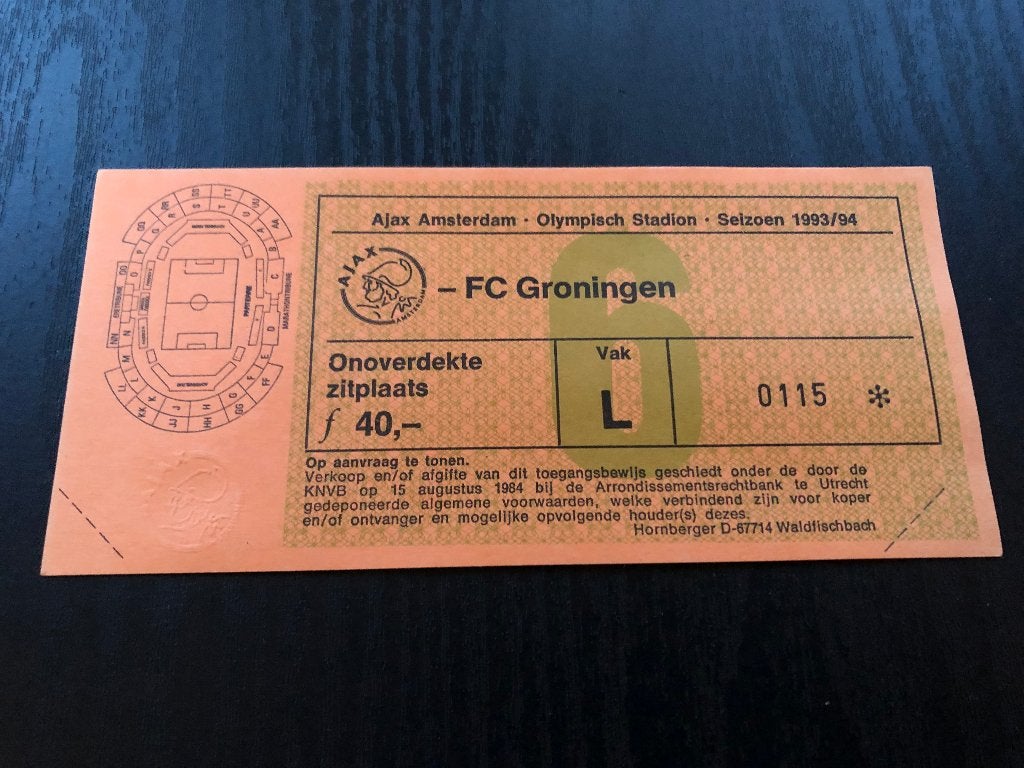 Ticket Ajax - Fc Groningen seizoen 1993/1994, Ophalen of Verzenden, Zo goed als nieuw, Ajax, Overige typen