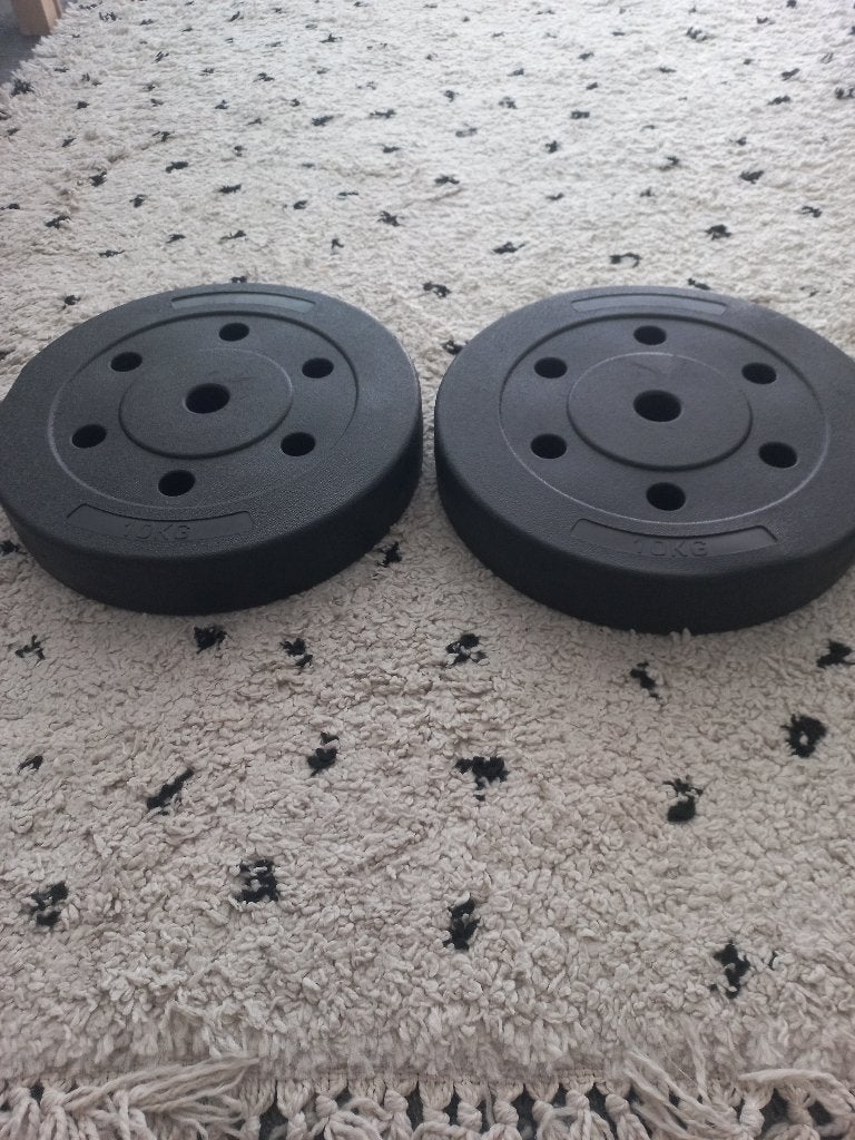 2x 10 kg kunststof halterschijven – 30 mm gat, Ophalen, Zo goed als nieuw, Armen, Halterschijven