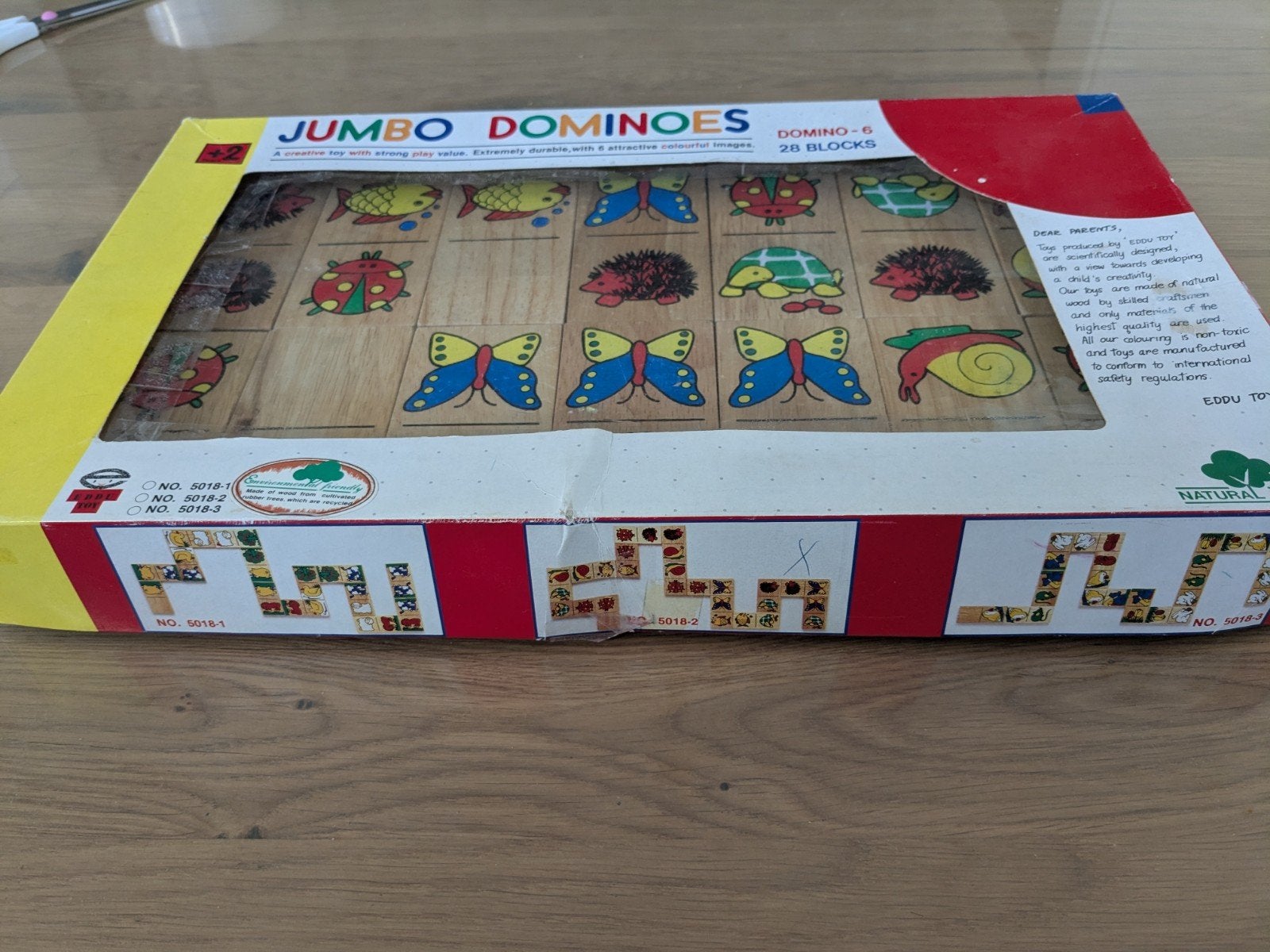 Jumbo Dominoes: Grote Houten Stenen met Dierenafbeeldingen, Een of twee spelers, Ophalen of Verzenden, Gebruikt, EDDU TOY