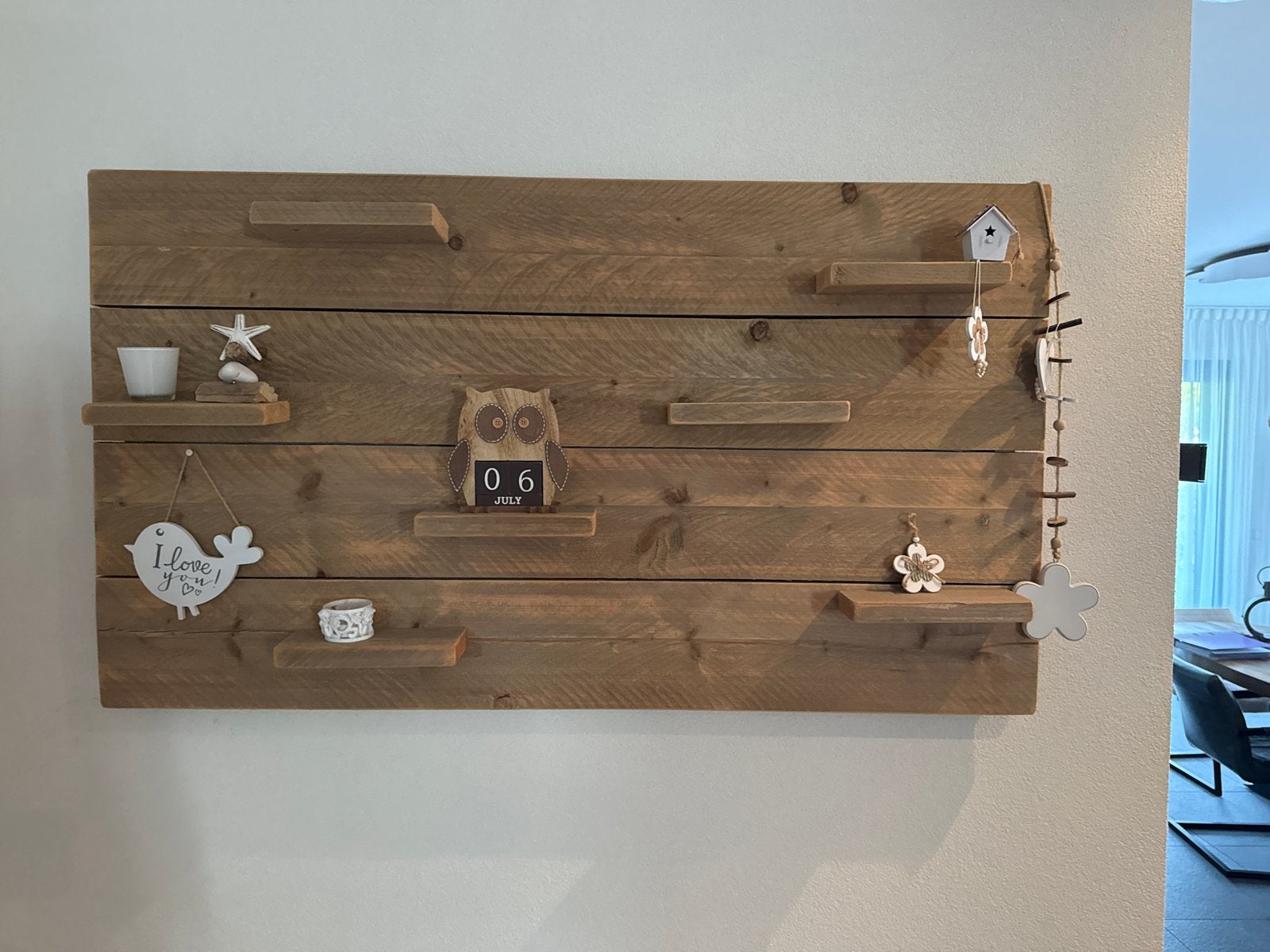 Wanddecoratie van steigerhout met planken 75x135cm, Ophalen, Hout, Zo goed als nieuw, Bruin
