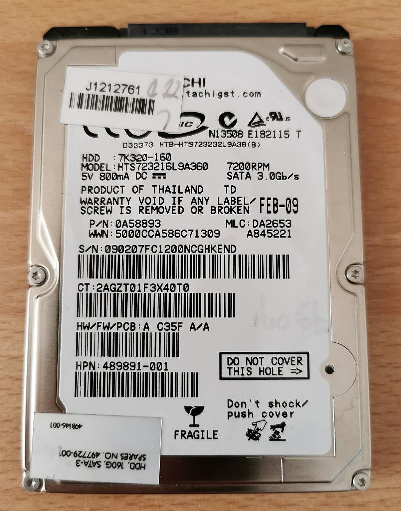 Hitachi HTS723216L9A360 Laptop HDD 160 GB 2,5 inch 7200 rpm, Computers en Software, Harde schijven, Zo goed als nieuw, Laptop