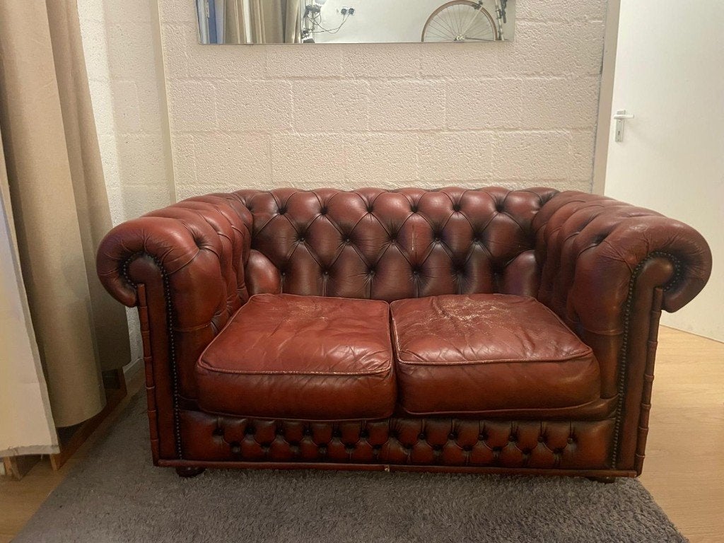 Vintage 'Chesterfield' 2-zitsbank - Roodbruin Leer, Huis en Inrichting, Ophalen, Gebruikt, Chesterfield, Klassiek, Vintage, 150 tot 200 cm
