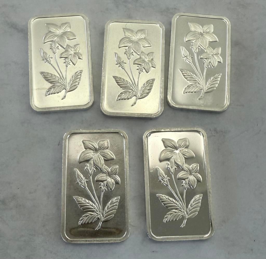 5x 20 gram zilverbaartjes Emirates Minting 999 zilver, Ophalen of Verzenden, Zilver