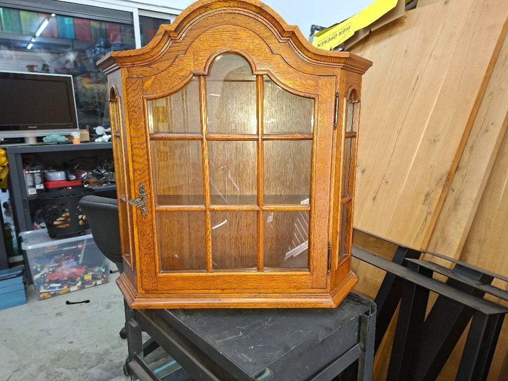 midden eiken vintage vitrine wandvitrine kast, Ophalen of Verzenden