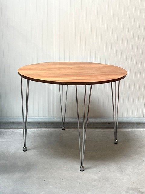 Vintage eettafel rond retro hairpin eetkamertafel chroom, Huis en Inrichting, Gebruikt, 50 tot 100 cm, Teakhout, .