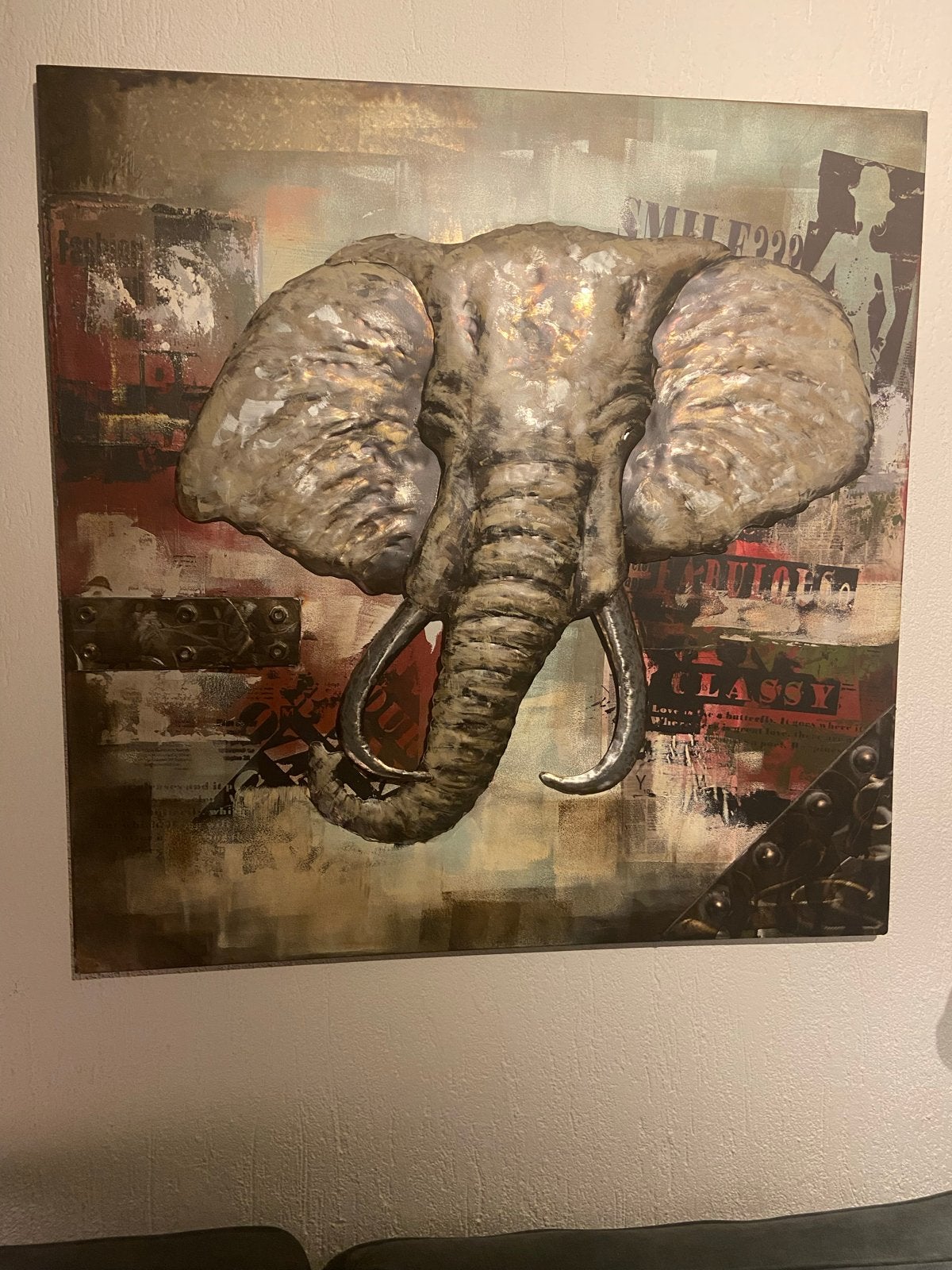 Modern schilderij met olifant en abstracte achtergrond, Ophalen, Abstract, Dieren, Metaal