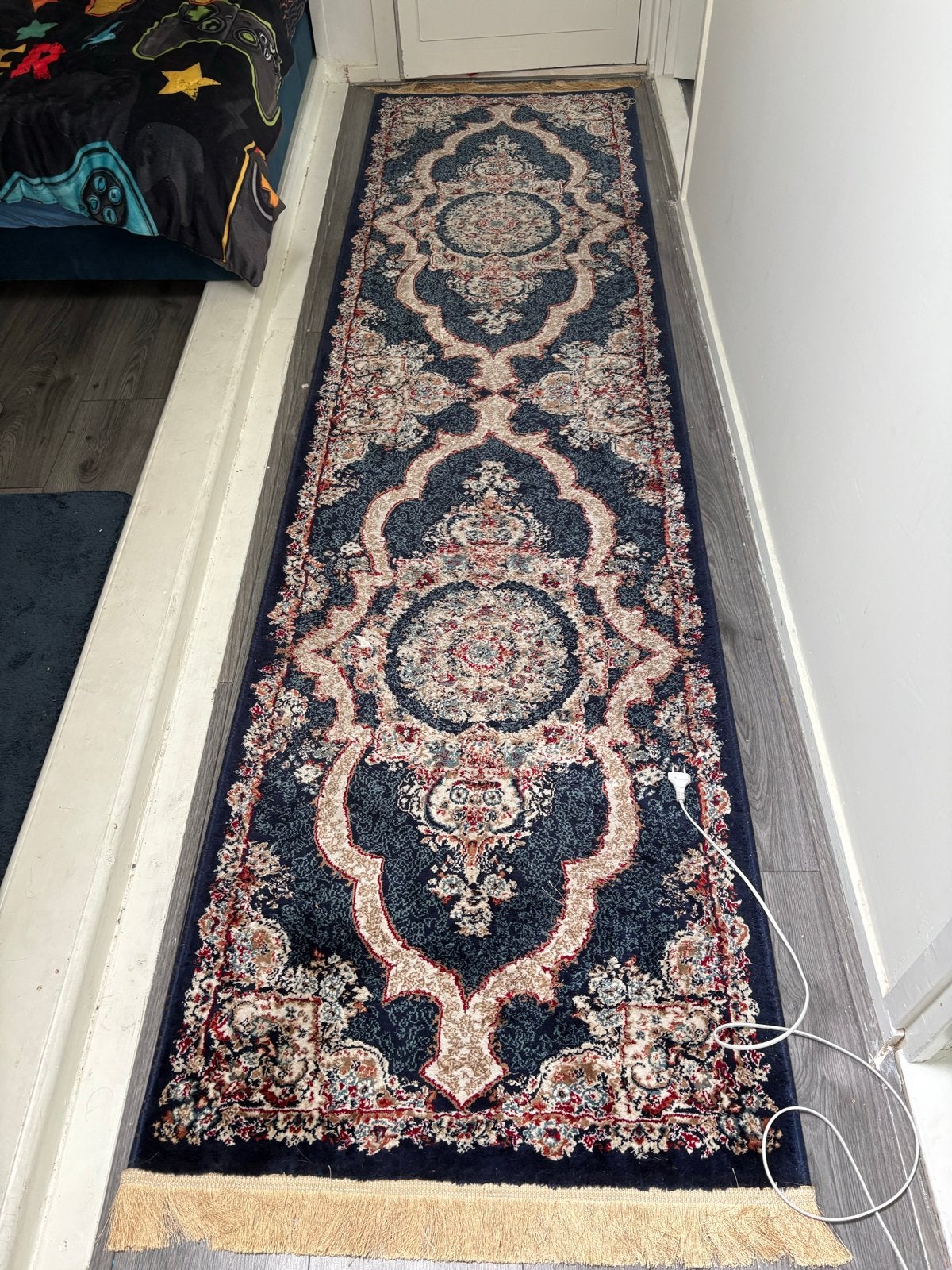 Lange donkerblauwe loper met klassiek patroon, Ophalen, Minder dan 50 cm, Gebruikt, Blauw