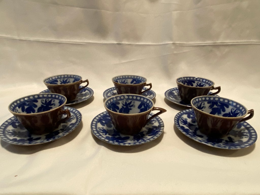Retro/Brokante Set van 6 Chinoiserie Batavia Brown kop en sc, Gebruikt, Ophalen of Verzenden, Overige stijlen, Kop(pen) en/of Schotel(s)