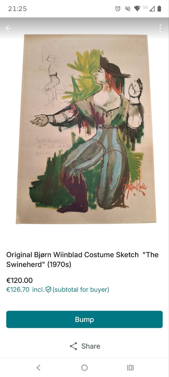 Bjørn Wiinblad Kostuumschets "De Zwijnenhoeder", Ophalen, Tekening, Gemengde techniek, Origineel