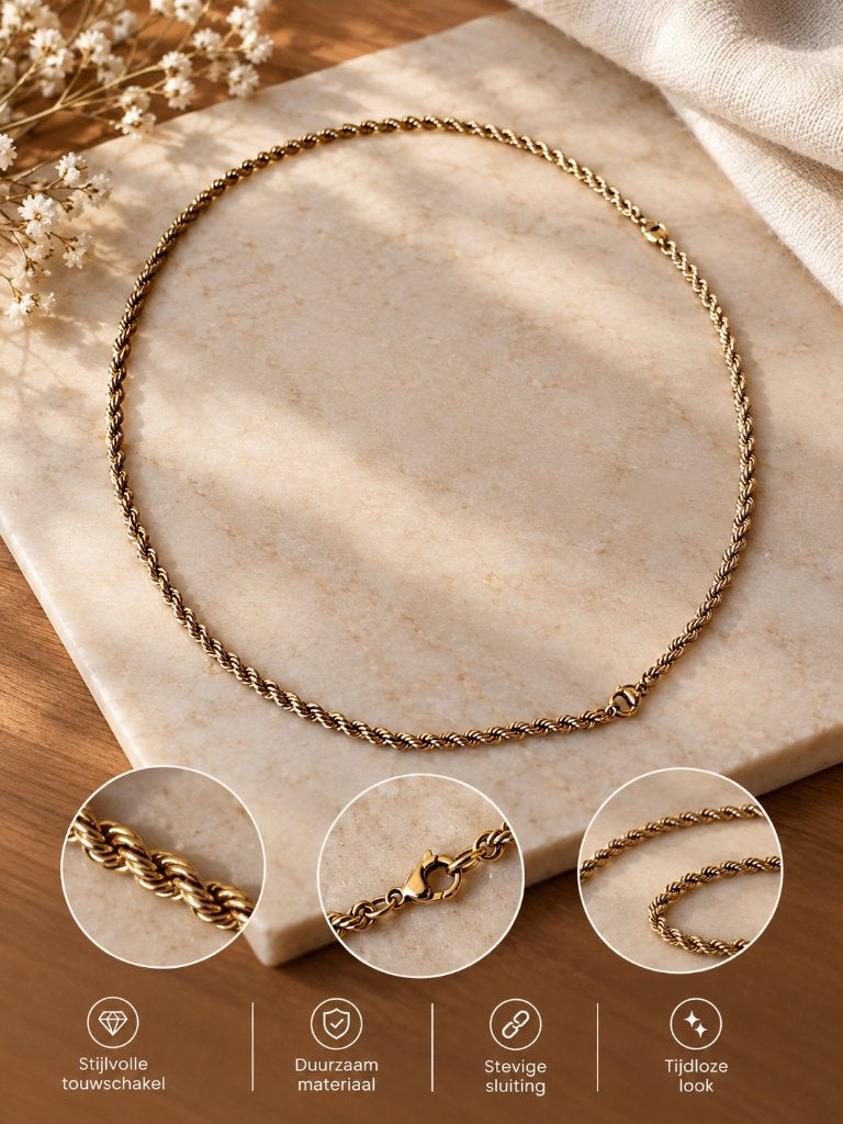 14K Gouden Rope Set – 22g – 2-in-1 Ketting + Armband, Ophalen, Verstelbaar, Zo goed als nieuw, Goud