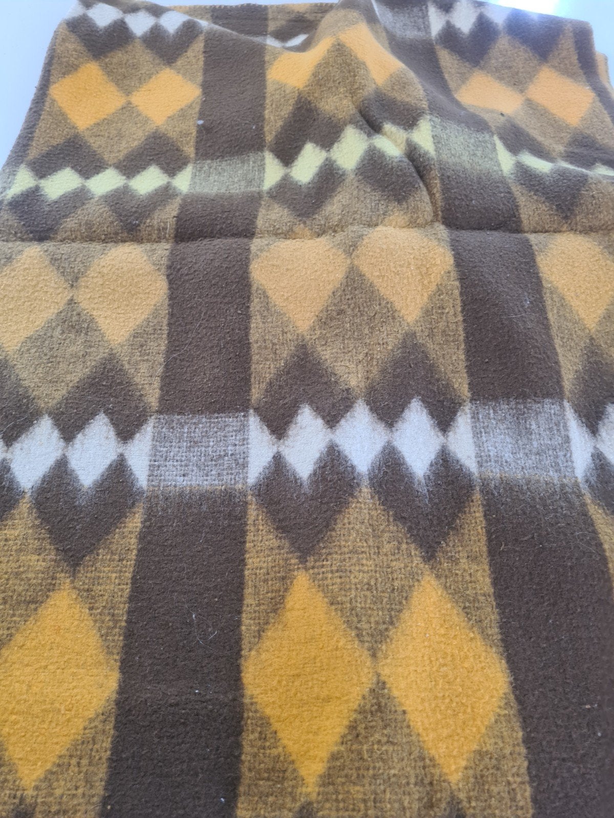 Vintage Plaid Deken - Bruin/Geel Ruitpatroon, Gebruikt, Wol, Ophalen of Verzenden, Plaid