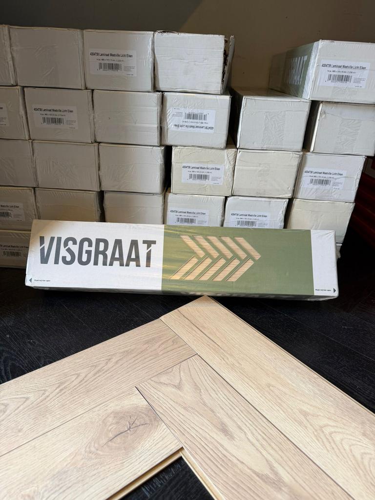Visgraat Laminaat Westville Licht Eiken - Nieuw in doos, 50 tot 150 cm, Nieuw, Ophalen of Verzenden, 10 m² of meer