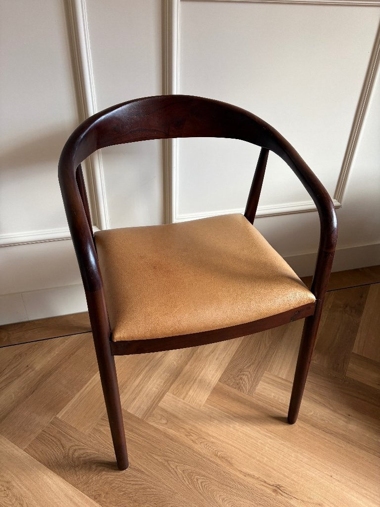 Pomax bruine Romeo stoel met leren zitting, Huis en Inrichting, Ophalen, Japandi, Bruin, Hout