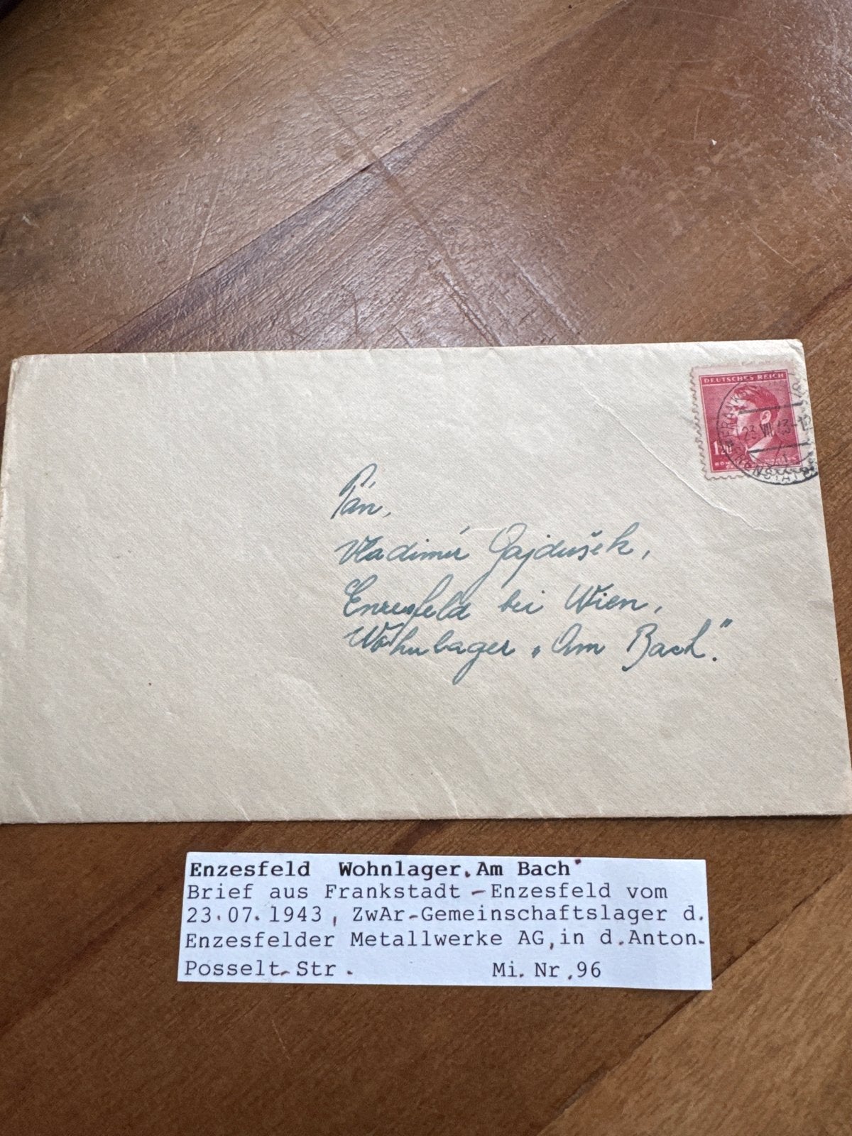 Zeldzame envelop uit 1943 dwangarbeider Enzesfeld, Ophalen of Verzenden, Overige landen, Gestempeld