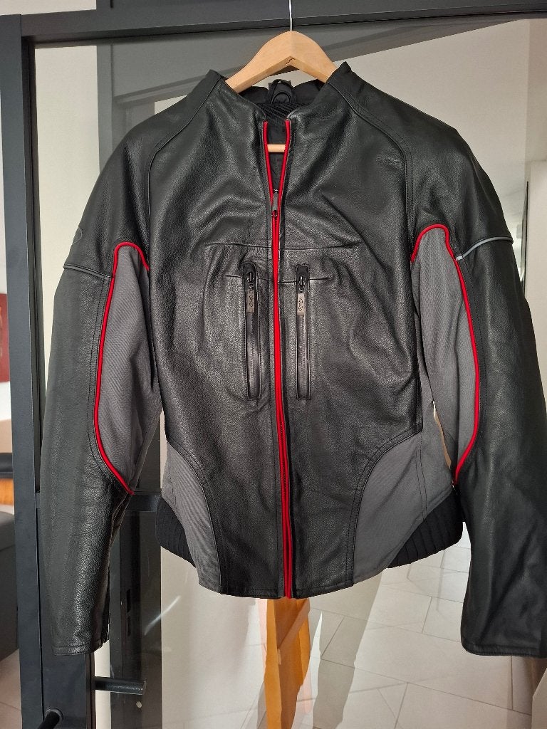Motorjas leer/textiel - Zwart/Grijs met rode accenten, MQP, Jas | leer, Ophalen of Verzenden, Dames