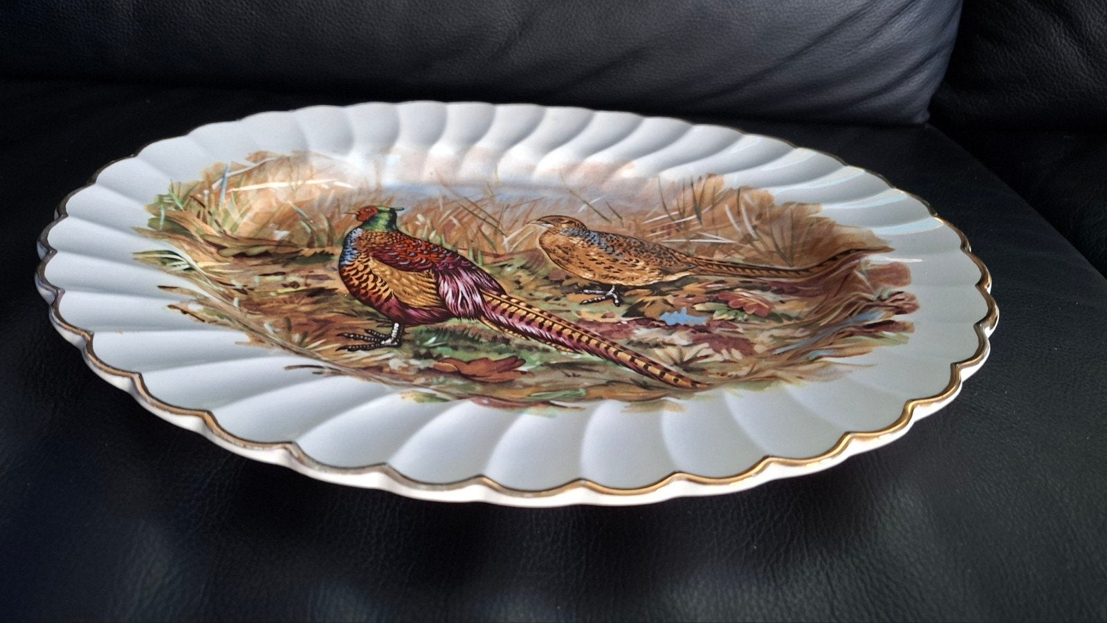 Vintage Road Pottery Ovale schaal, fazanten, gouden schulp, Ophalen of Verzenden