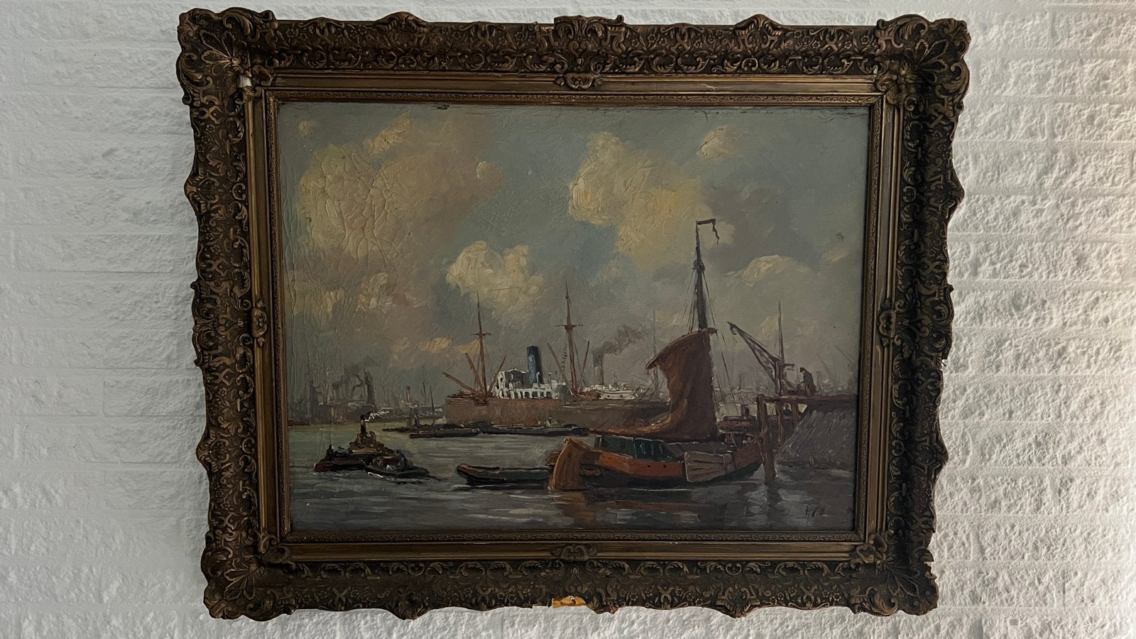 Olieverfschilderij havengezicht met schepen, gesigneerd, Ophalen, Maritiem / water, Doek, Realistisch