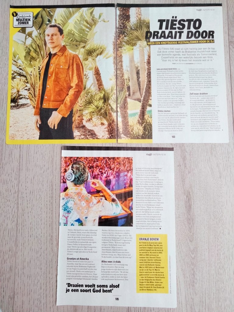 Tijdschrift artikel DJ Tiesto Veronica gids 2023 – 3 paginas, Verzamelen, Verzenden, Zo goed als nieuw, Boek, Tijdschrift of Artikel