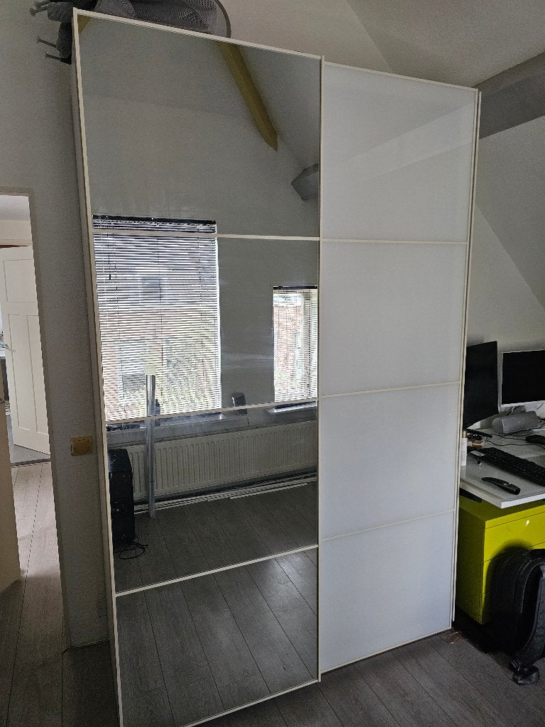 IKEA PAX schuifdeuren wit 75x236 cm – spiegel & melkglas, Ophalen, Gebruikt, 100 tot 150 cm, 200 cm of meer