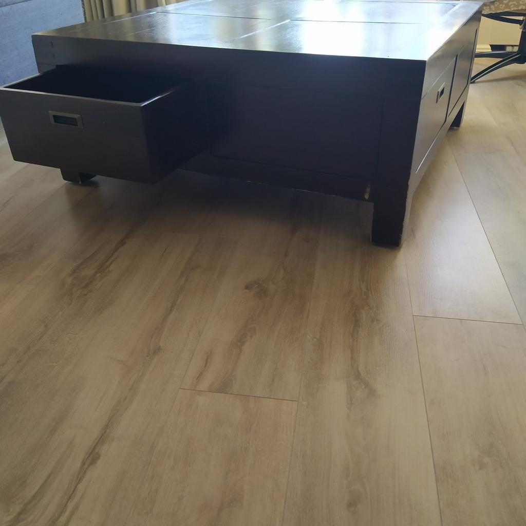 Salontafel, bruin gelakt, vierkant met lades, Ophalen, Gebruikt, 100 tot 150 cm, 50 tot 100 cm