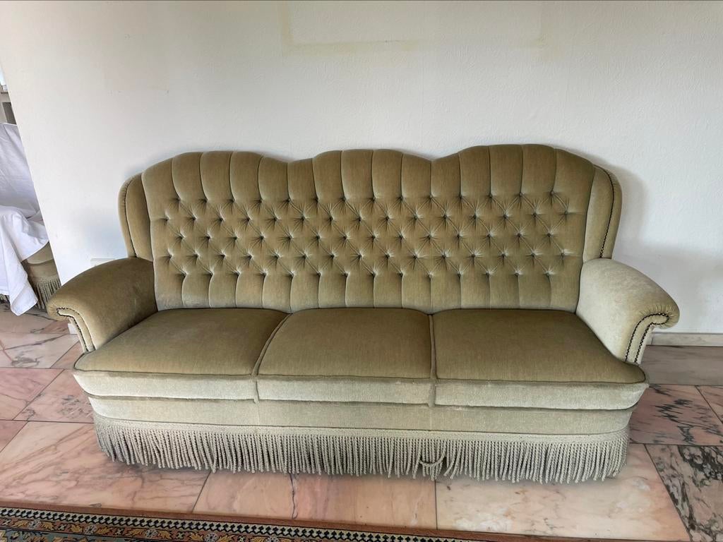 Bank vintage groen franjes mohair velours queen ann retro, Ophalen of Verzenden, Zo goed als nieuw