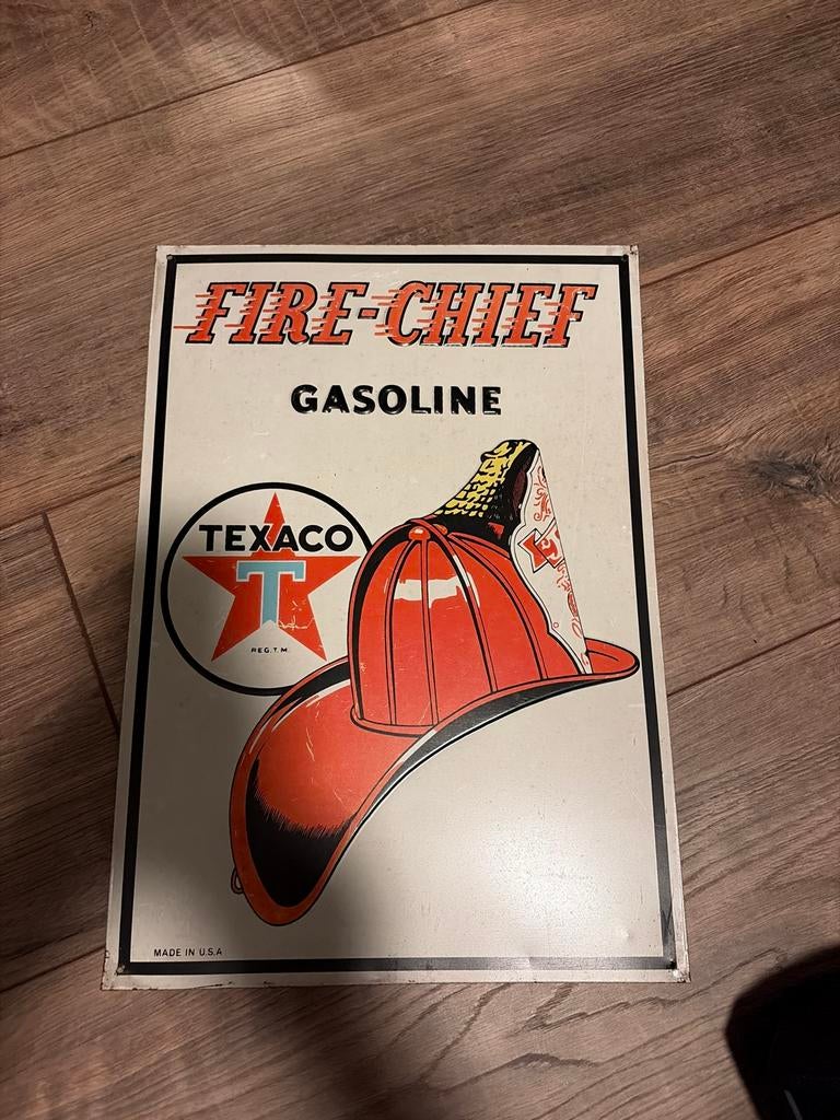 Vintage Fire Chief Gasoline Texaco Emaille Reclamebord, Ophalen of Verzenden