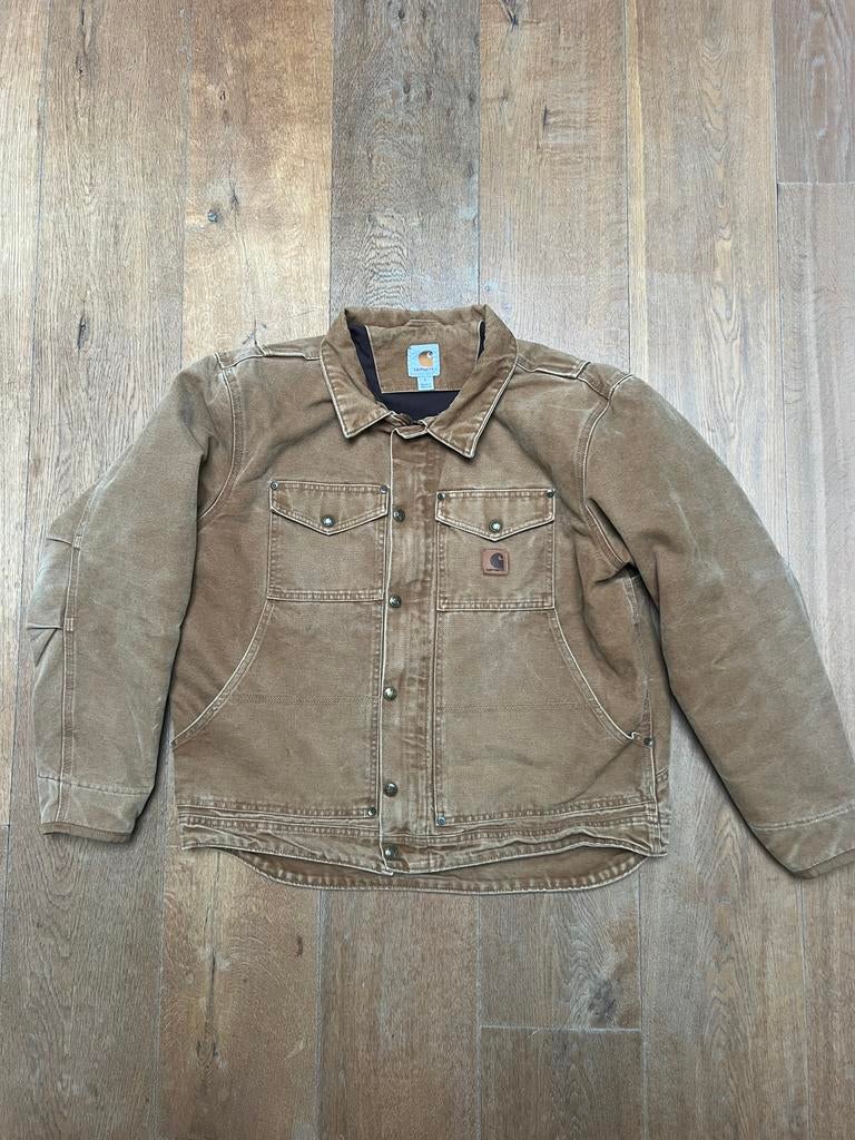 Vintage Carhartt Berwick Workwear Duck Fleece Jack Bruin L, Ophalen of Verzenden, Gedragen, Maat 52/54 (L), Bruin