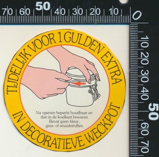 Sticker: In decoratieve weckpot, Ophalen of Verzenden, Zo goed als nieuw, Bedrijf of Vereniging