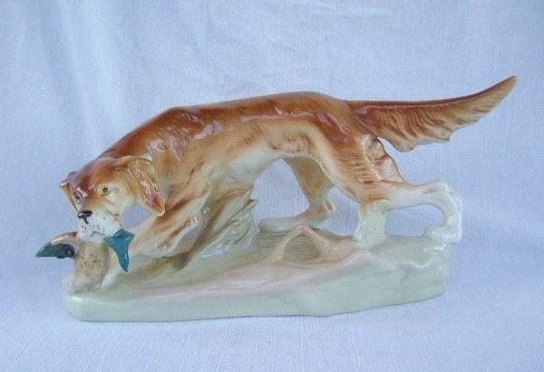 Antiek Royal Dux beeld – Ierse Setter met prooi (004), Verzamelen, Beelden en Beeldjes, Ophalen, Gebruikt, Dier