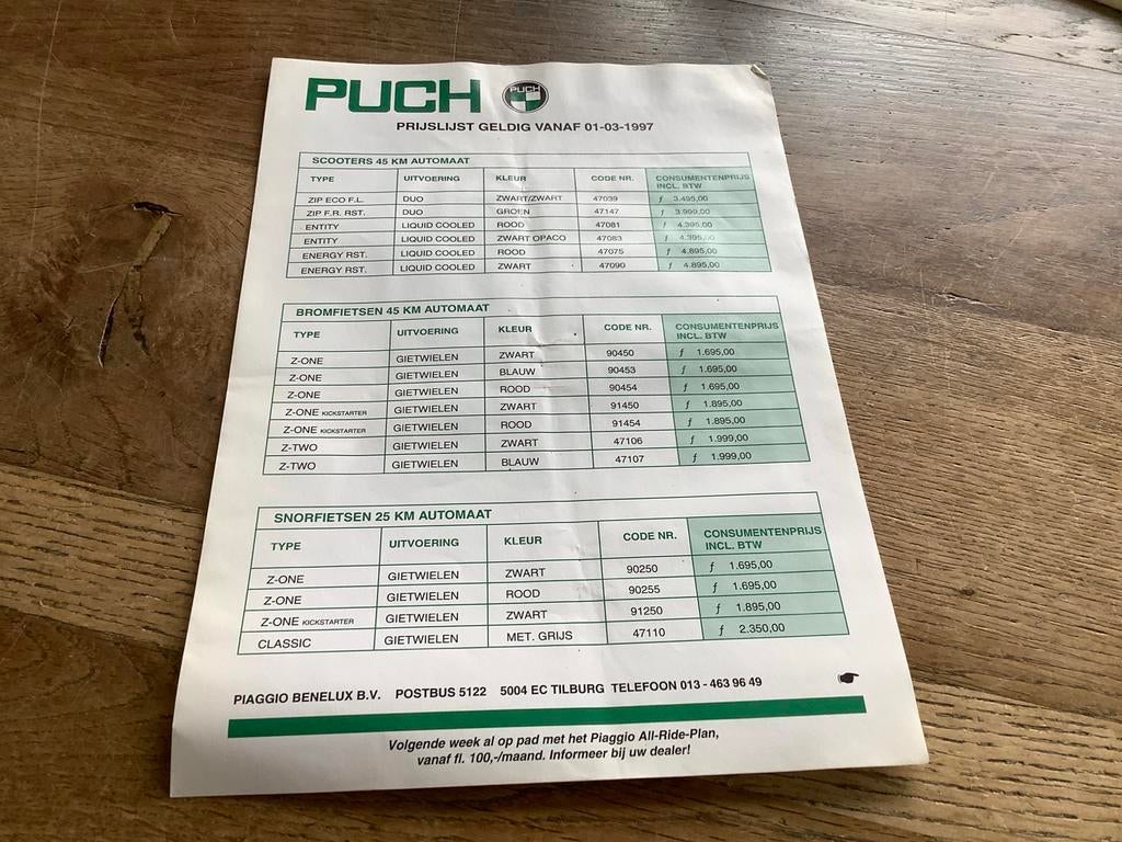 Puch/ Gilera prijslijst uit 1997. Vintage., Fietsen en Brommers, Verzenden