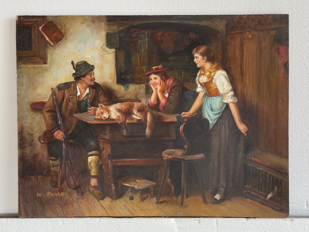Olieverf op paneel: Jagersgezin met dode vos, Antiek en Kunst, Ophalen, Portret of Personen, Realistisch, Olieverf