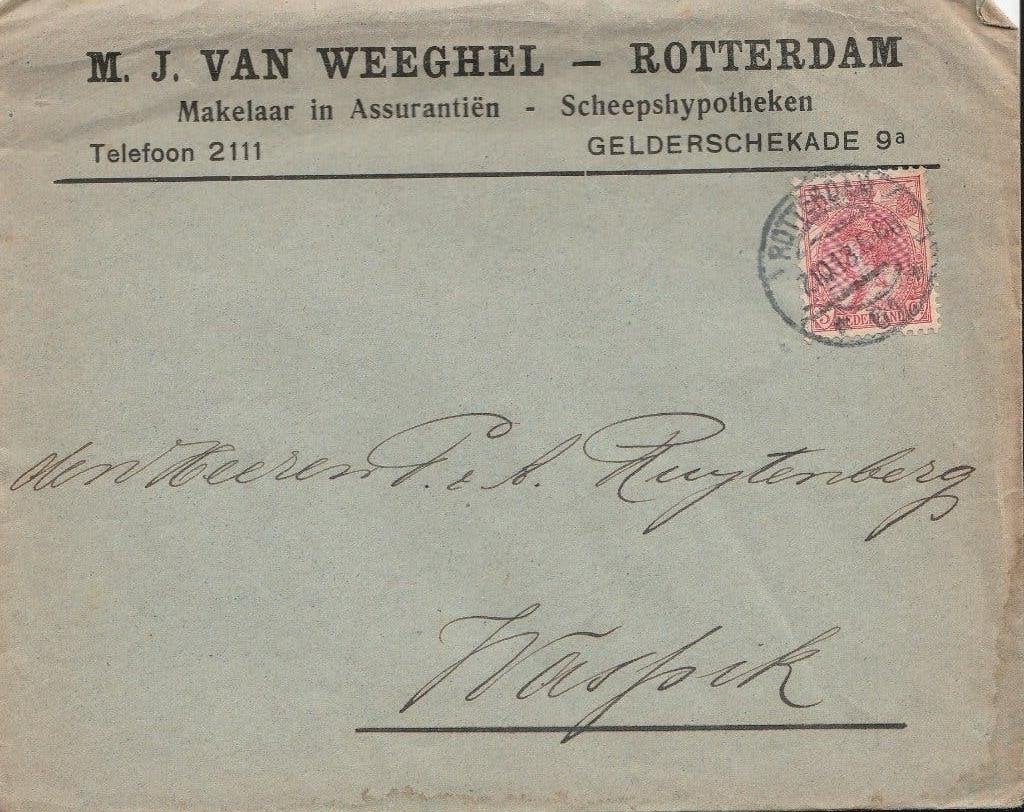 ROTTERDAM 1913 Van WEEGHEL Makelaar in Assurantien, Verzenden, Voor 1920, Gelopen, Zuid-Holland