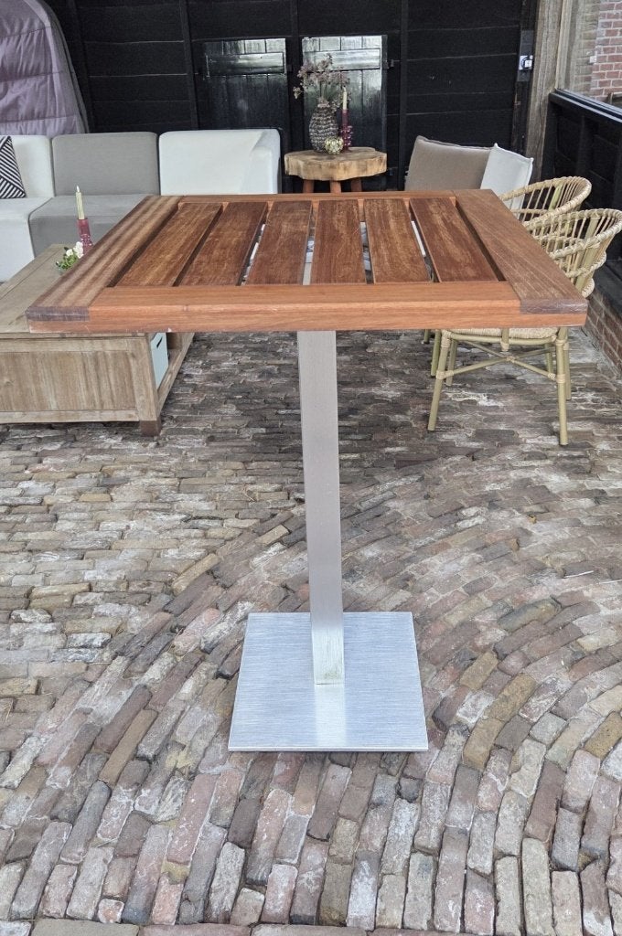 Vierkante bartafel statafel aluminium hardhout in en outdoor, Ophalen, Zo goed als nieuw