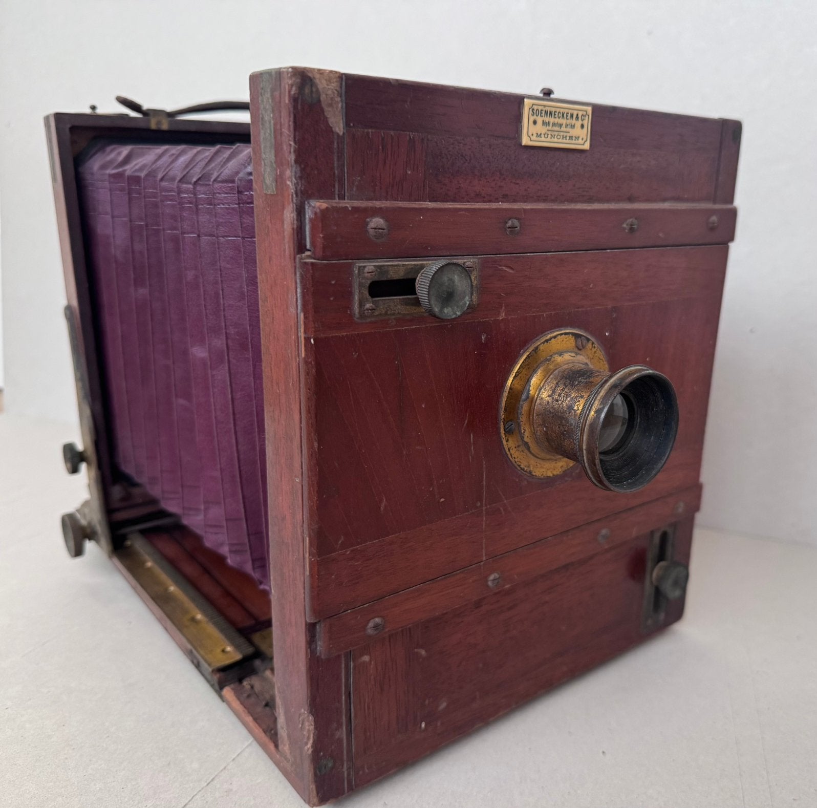 Houten camera Soennecken & Co. uit München, rond 1890–1900, Verzamelen, Fotografica en Filmapparatuur, Verzenden, Voor 1940, Fototoestel