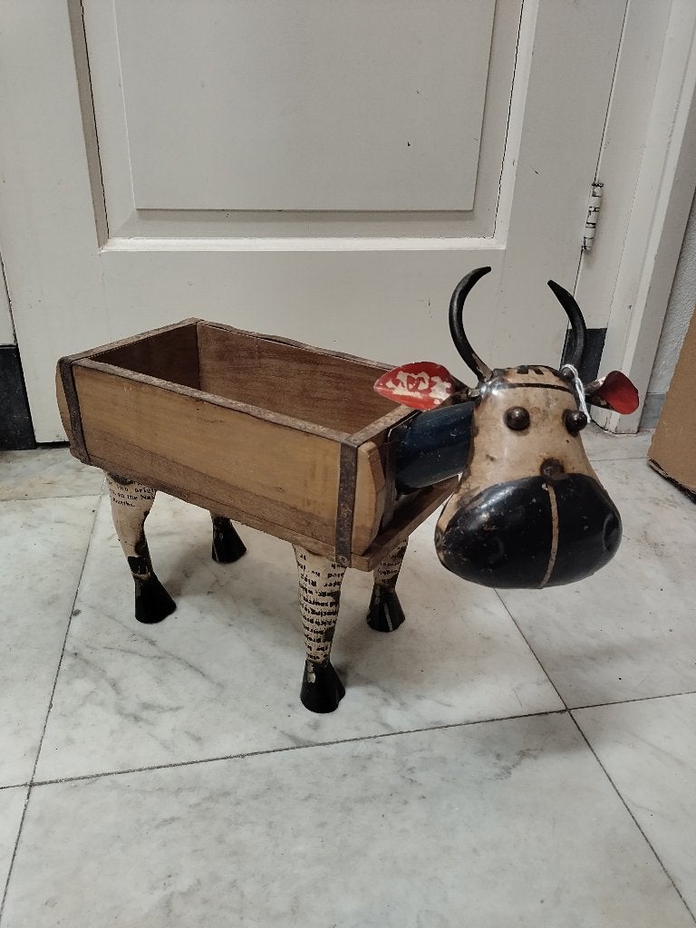 Steenmal met koe van oud blik - handmade uit India, Ophalen of Verzenden