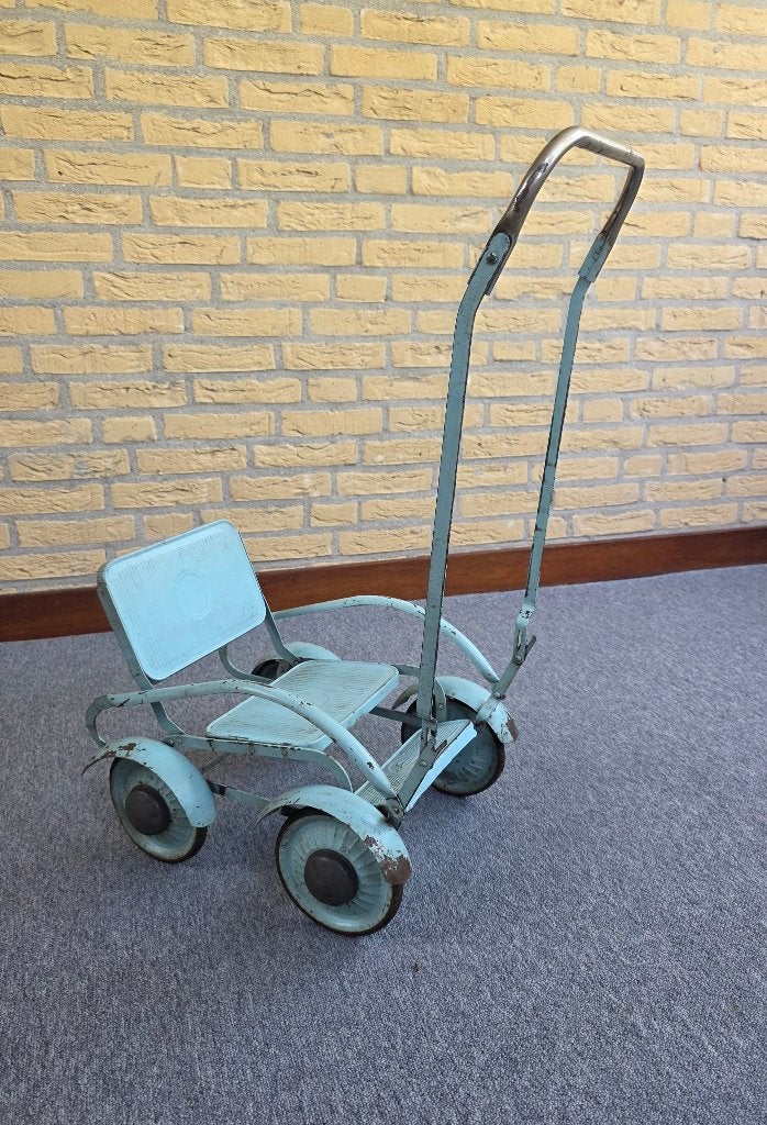 Vintage poppenwagen - lichtblauw metaal, Antiek en Kunst, Ophalen of Verzenden