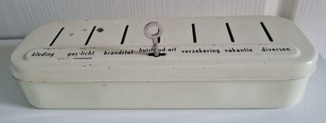 Brabantia spaarblik met sleutel, Verzamelen, Ophalen of Verzenden, Gebruikt, Metaal of Blik, Overige thema's