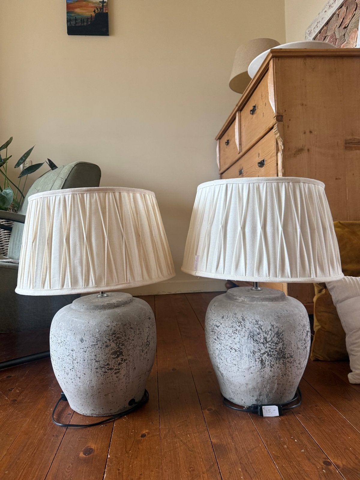 2 Riviera Maison lampen met stenen poot en kap, Ophalen, Gebruikt, Riviera Maison, E27 (groot)