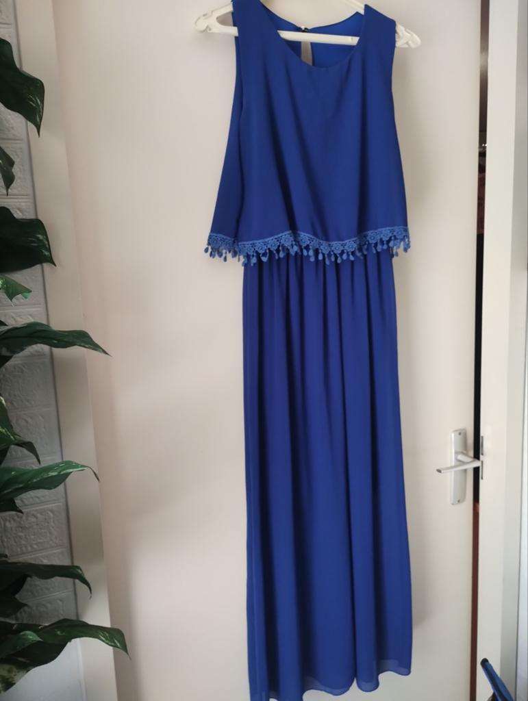 Prachtige kobaltblauwe maxi jurk met kanten details Viola Mo, Maat 38/40 (M), Blauw, Ophalen of Verzenden, Zo goed als nieuw