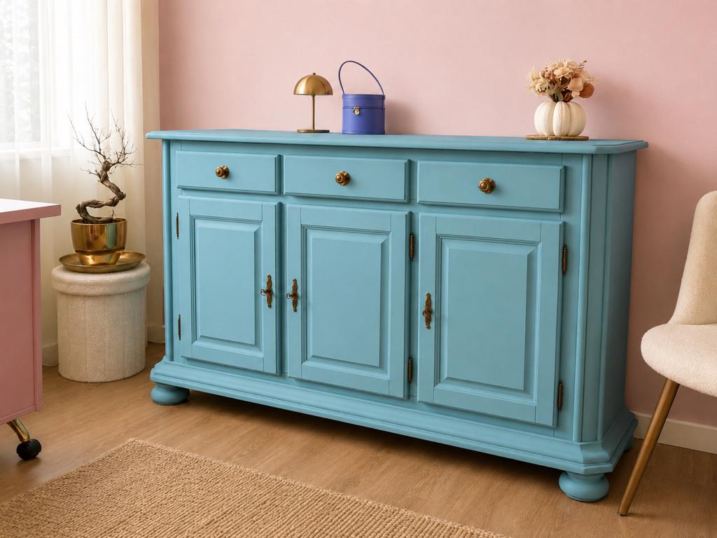 Lichtblauw houten dressoir / kast in landelijke stijl, Huis en Inrichting, Kasten | Dressoirs, Met plank(en), 100 tot 150 cm, Eikenhout
